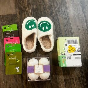 Self- Care Bundle! Slippers, heating pad, face mask, and bath bombs included